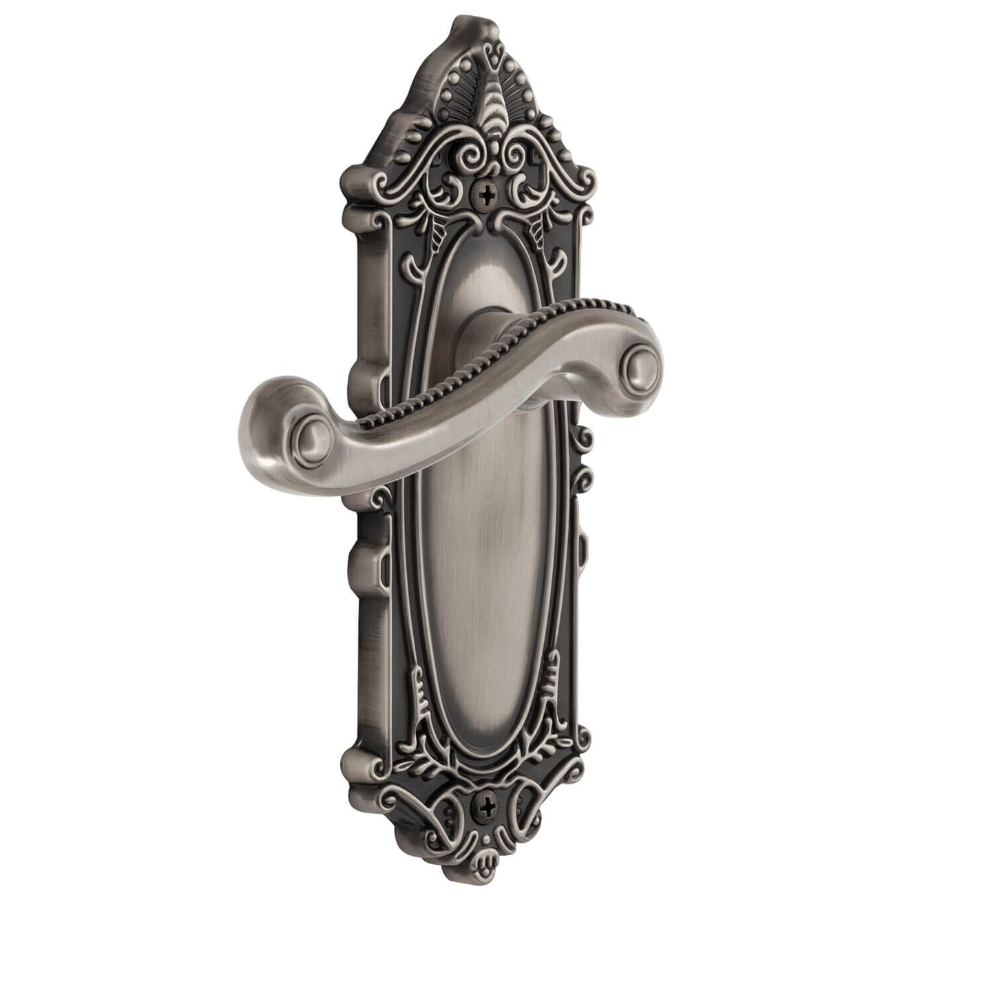 Grandeur - Grande Victorian Long Plate with Newport Lever in Antique Pewter - Passage - 2 3/8"